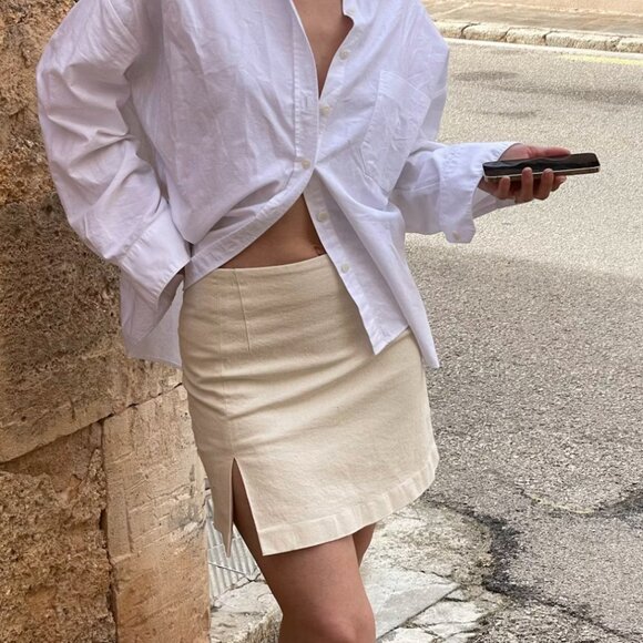 Djerf Avenue Denim Must Have Mini Skirt in Cream - Picture 1 of 2